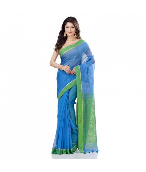 dB DESH BIDESH Women`s Tant Silk Handloom Cotton Saree Sequence Work With Blouse Piece (Sky Blue Light Green)