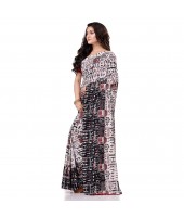  Women`s Traditional Bengal Soft Kalamkari Printed Handloom Cotton Saree Border Tassels Without Blouse Piece White Black