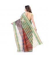  Traditional Bengal Tant 3D Temple Design Handloom Pure Cotton Saree Without Blouse Piece (Brown)