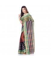  Traditional Bengal Tant 3D Temple Design Handloom Pure Cotton Saree Without Blouse Piece (Brown)