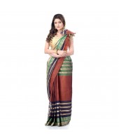  Traditional Bengal Tant 3D Temple Design Handloom Pure Cotton Saree Without Blouse Piece (Brown)