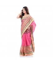  Traditional Bengal Tant 3D Temple Design Handloom Pure Cotton Saree Without Blouse Piece Yellow Pink