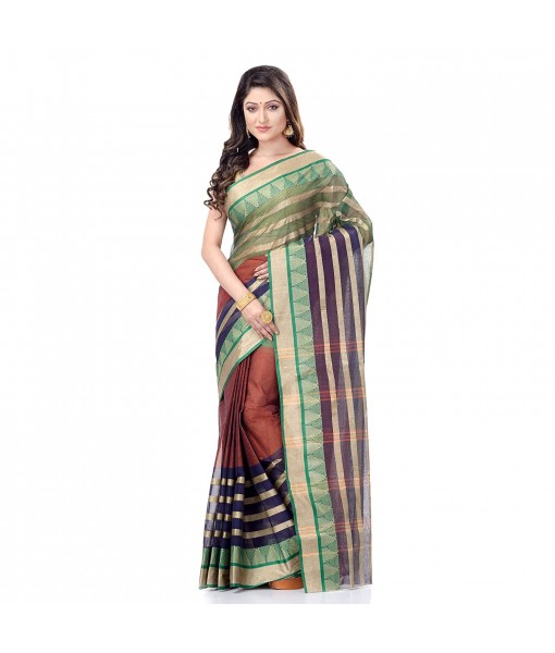  Traditional Bengal Tant 3D Temple Design Handloom Pure Cotton Saree Without Blouse Piece (Brown)