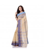 Traditional Bengal Tant Pure Handloom Cotton Saree Jol Torongo Woven Design Without Blouse Piece Offwhite Blue