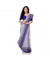 Traditional Bengal Tant Pure Handloom Cotton Saree Jol Torongo Woven Design Without Blouse Piece Off White Blue
