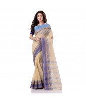 Traditional Bengal Tant Pure Handloom Cotton Saree Jol Torongo Woven Design Without Blouse Piece Offwhite Blue