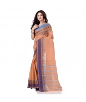 Traditional Bengal Tant Pure Handloom Cotton Saree Jol Torongo Woven Design Without Blouse Piece Orange Blue