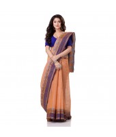 Traditional Bengal Tant Pure Handloom Cotton Saree Jol Torongo Woven Design Without Blouse Piece Orange Blue