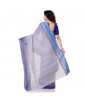 Traditional Bengal Tant Pure Handloom Cotton Saree Jol Torongo Woven Design Without Blouse Piece Off White Blue