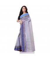 Traditional Bengal Tant Pure Handloom Cotton Saree Jol Torongo Woven Design Without Blouse Piece Off White Blue