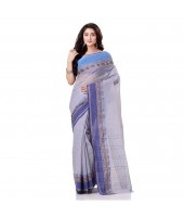 Traditional Bengal Tant Pure Handloom Cotton Saree Jol Torongo Woven Design Without Blouse Piece Off White Blue