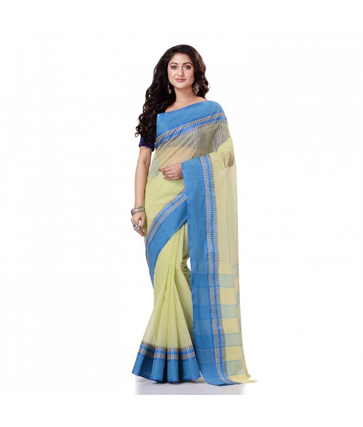 Bengal Soft Cotton Women`s Traditional Bengal Tant Pure Handloom Cotton Saree Kantha Stitch Woven Without Blouse Piece Butter Blue