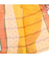 dB DESH BIDESH Women`s Traditional Bengal Tant Pure Handloom Cotton Saree Patabahar Design Without Blouse Piece Deep Yellow