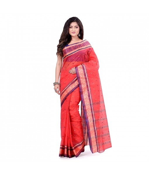 dB DESH BIDESH Women`s Traditional Bengal Tant Pure Handloom Cotton Saree Patabahar Design Without Blouse Piece Red