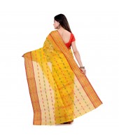 Bengal Tant Woven Haldi Chaturanga Design Pure Handloom Cotton Saree Without Blouse Piece (Yellow Red)
