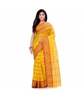 Bengal Tant Woven Haldi Chaturanga Design Pure Handloom Cotton Saree Without Blouse Piece (Yellow Red)