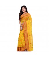 Bengal Tant Woven Haldi Chaturanga Design Pure Handloom Cotton Saree Without Blouse Piece (Yellow Red)