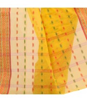 Bengal Tant Woven Haldi Chaturanga Design Pure Handloom Cotton Saree Without Blouse Piece (Yellow Red)