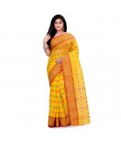 Bengal Tant Woven Haldi Chaturanga Design Pure Handloom Cotton Saree Without Blouse Piece (Yellow Red)