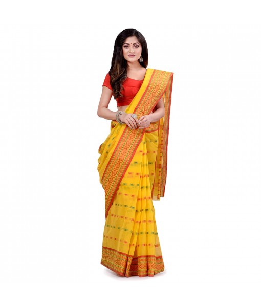dB DESH BIDESH Women`s Traditional Bengal Tant Woven Haldi Chaturanga Design Pure Handloom Cotton Saree Without Blouse Piece (Yellow Red)
