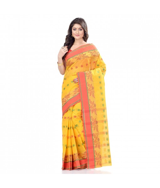 dB DESH BIDESH Women`s Traditional Bengal Tant Woven RangDeBasanti Design Pure Handloom Cotton Saree Without Blouse Piece (Yellow)