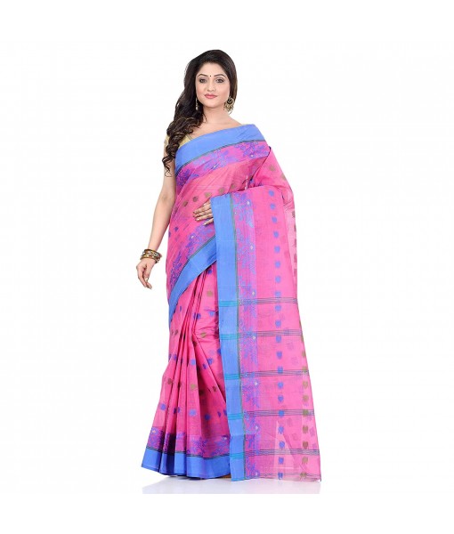 dB DESH BIDESH Women`s Traditional Bengal Tant Woven RaniSaheba Design Pure Handloom Cotton Saree Without Blouse Piece (Pink)