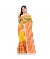 Traditional Bengali 3D Temple Design Pure Handloom Cotton Saree Without Blouse Piece (Yellow)