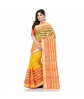Traditional Bengali 3D Temple Design Pure Handloom Cotton Saree Without Blouse Piece (Yellow)