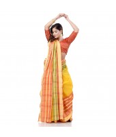 Traditional Bengali 3D Temple Design Pure Handloom Cotton Saree Without Blouse Piece (Yellow)