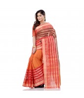Traditional Bengali 3D Temple Design Pure Handloom Cotton Saree Without Blouse Piece (Orange Red)