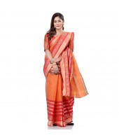 Traditional Bengali 3D Temple Design Pure Handloom Cotton Saree Without Blouse Piece (Orange Red)