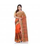 Traditional Bengali 3D Temple Design Pure Handloom Cotton Saree Without Blouse Piece (Orange Green)