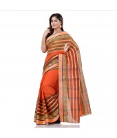 Traditional Bengali 3D Temple Design Pure Handloom Cotton Saree Without Blouse Piece (Orange Green)