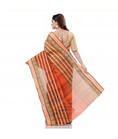 Traditional Bengali 3D Temple Design Pure Handloom Cotton Saree Without Blouse Piece (Orange Green)