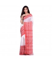 dB DESH BIDESH Women`s Traditional Bengali Flower Design Bengamuri Pure Handloom Cotton Saree With Blouse Piece White Red