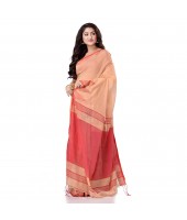 dB DESH BIDESH Women`s Traditional Bengali Handloom Tant Pure Cotton Saree Khadi Temple Par Desigined With Blouse Piece Off Red Red