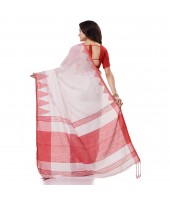 Women`s Traditional Bengali Handloom Tant Pure Cotton Saree Khadi Temple Par Desigined With Blouse Piece White Red