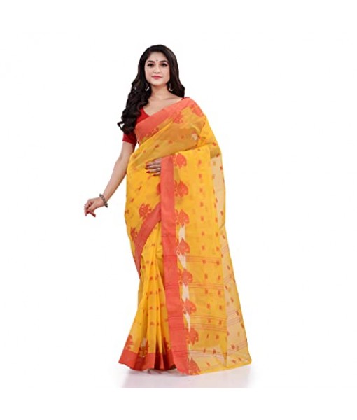 DESH BIDESH Women`s Traditional Tant Pure Handloom Cotton Saree Woven Tri Flower Designer Without Blouse Piece (Yellow Red)