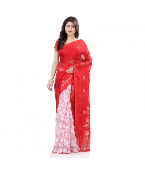 dB Desh Bidesh Women`s Bengal Handloom Tant Dhakai Jamdani Cotton Saree Whole Body Design (White Red)
