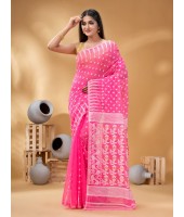 Resham Dhakai Jamdani Bengal Pure Cotton Handloom Saree Diamond Queen Design (Pink)