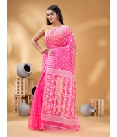 Resham Dhakai Jamdani Bengal Pure Cotton Handloom Saree Diamond Queen Design (Pink)