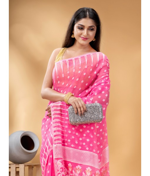  Resham Dhakai Jamdani Bengal Pure Cotton Handloom Saree Diamond Queen Design (Pink)
