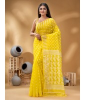  Resham Dhakai Jamdani Bengal Pure Cotton Handloom Saree Diamond Queen Design Yellow