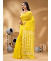  Resham Dhakai Jamdani Bengal Pure Cotton Handloom Saree Diamond Queen Design Yellow