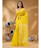  Resham Dhakai Jamdani Bengal Pure Cotton Handloom Saree Diamond Queen Design Yellow