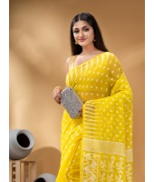  Resham Dhakai Jamdani Bengal Pure Cotton Handloom Saree Diamond Queen Design Yellow