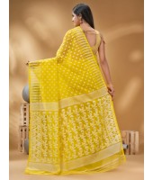  Resham Dhakai Jamdani Bengal Pure Cotton Handloom Saree Diamond Queen Design Yellow