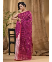 Bengal Handloom Tant Soft Dhakai Jamdani Cotton Saree Whole Body Design (Pulm jam White)