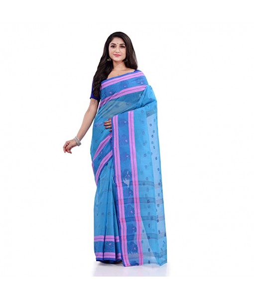 DESH BIDESH Women`s Traditional Tant Pure Handloom Cotton Saree Woven Kamal kolka Designer Without Blouse Piece (Blue)