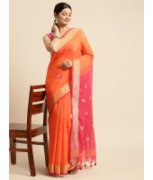 dB DESH BIDESH Women`s Pure Cotton Traditional Bengali Tant Handloom Cotton Saree Round Desigined With Blouse Piece (Yellow Pink)